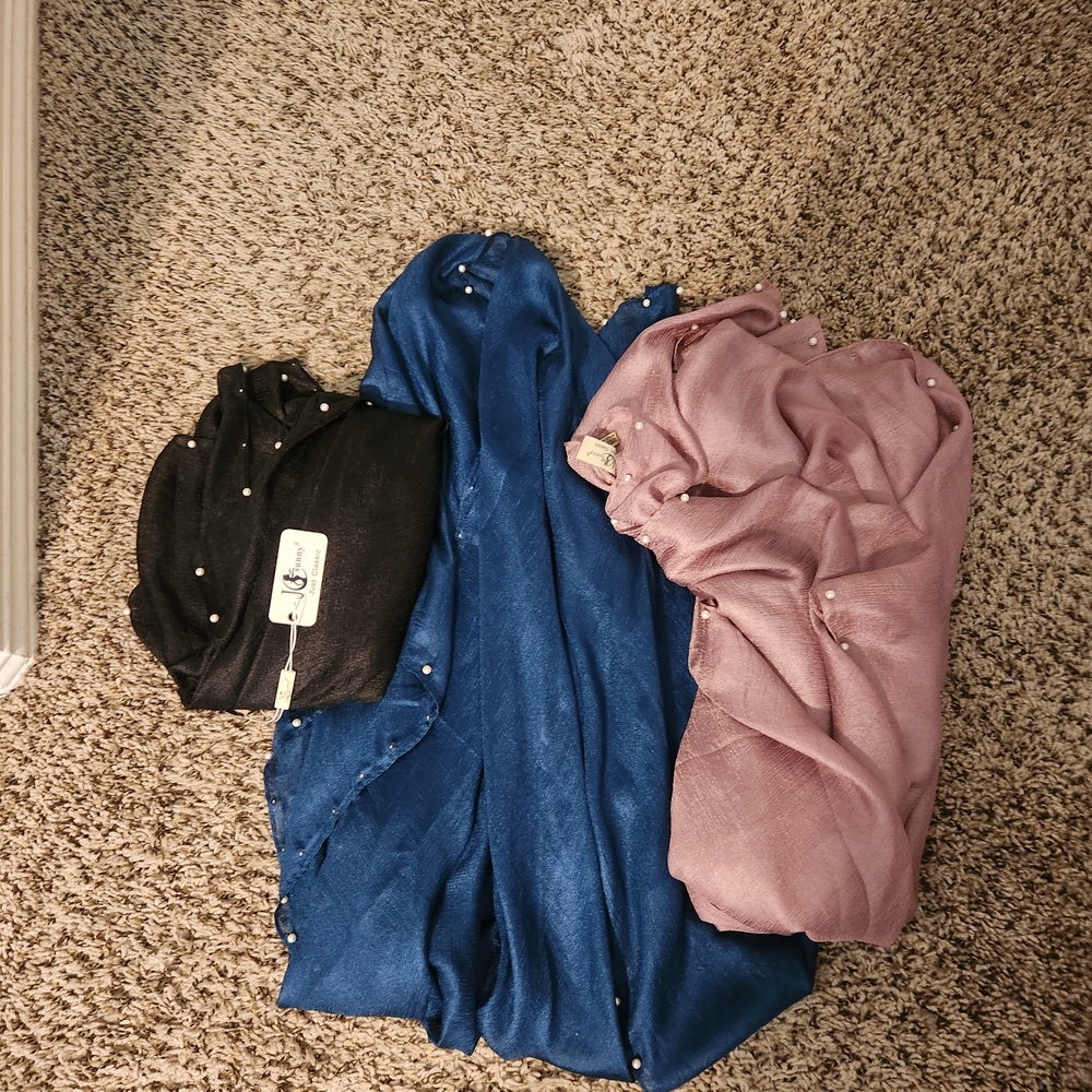 Elegant Black, Blue, and Pink Shawls with Pearl Accents